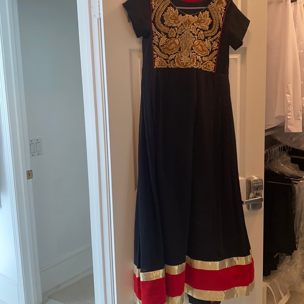 Red and black anarkali with churidar pants and dupatta